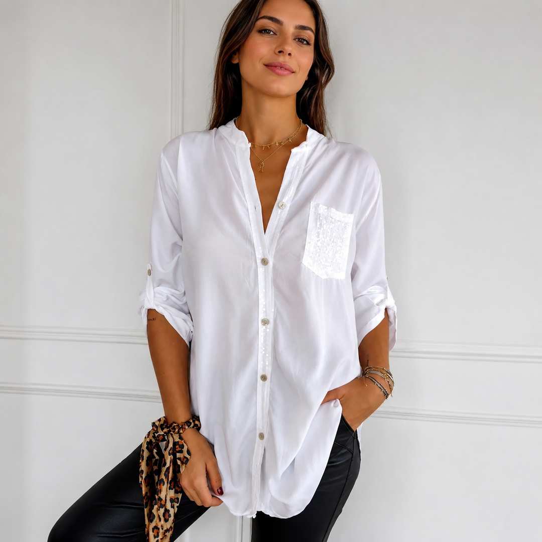 Blusa feminina Chalise de verão, estilo elegante e versátil. Ideal para tops casuais ou roupa de trabalho com botões.