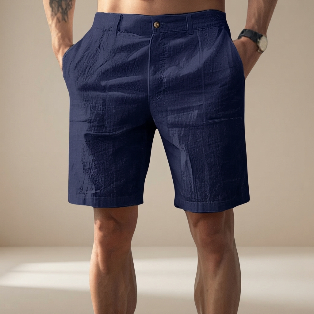 Detalhe do tecido de shorts casuais masculinos retos. Bermuda confortável, ideal para o verão e estilo descontraído.