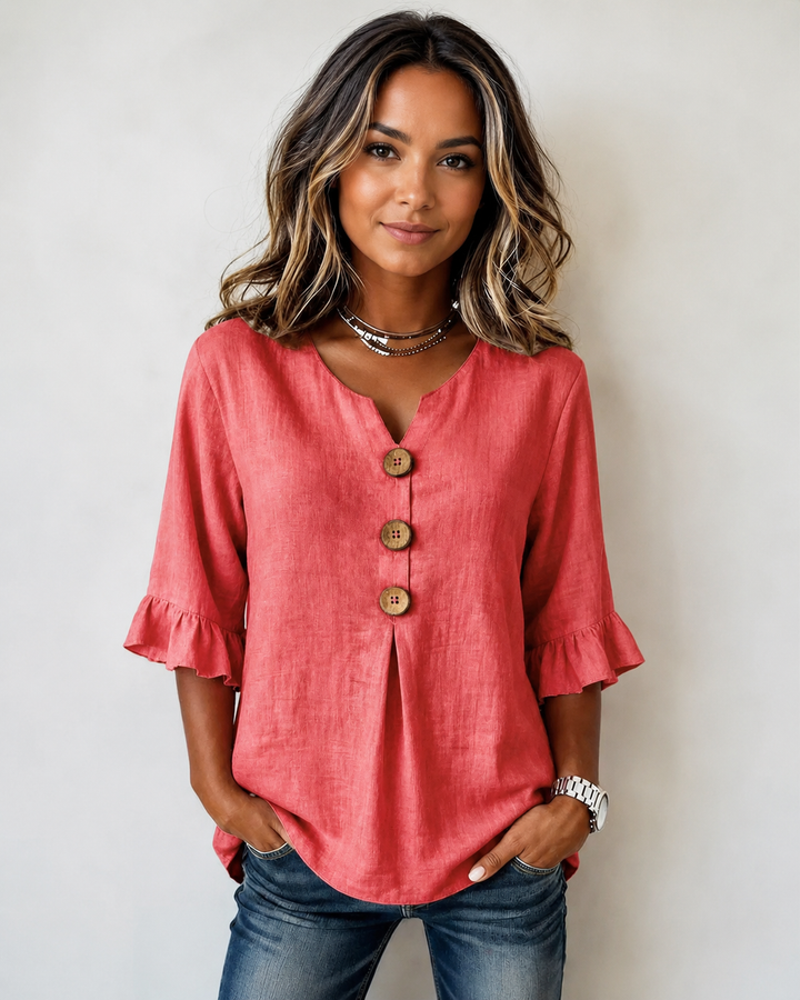 Blusa feminina casual com decote V e botões. Estilo moderno e confortável para o verão, ideal para o dia a dia.