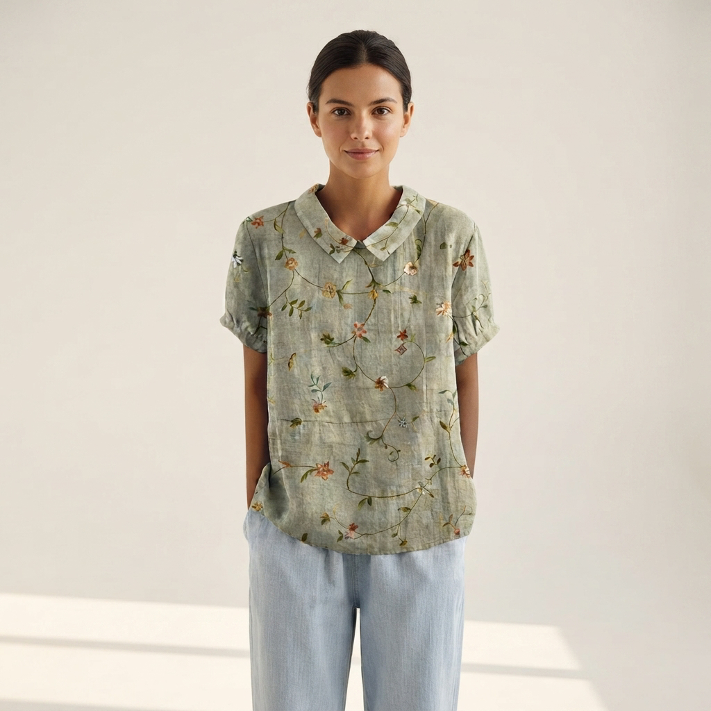Blusa feminina casual e confortável, com estampa floral vibrante, manga curta e decote redondo, perfeita para primavera/verão.