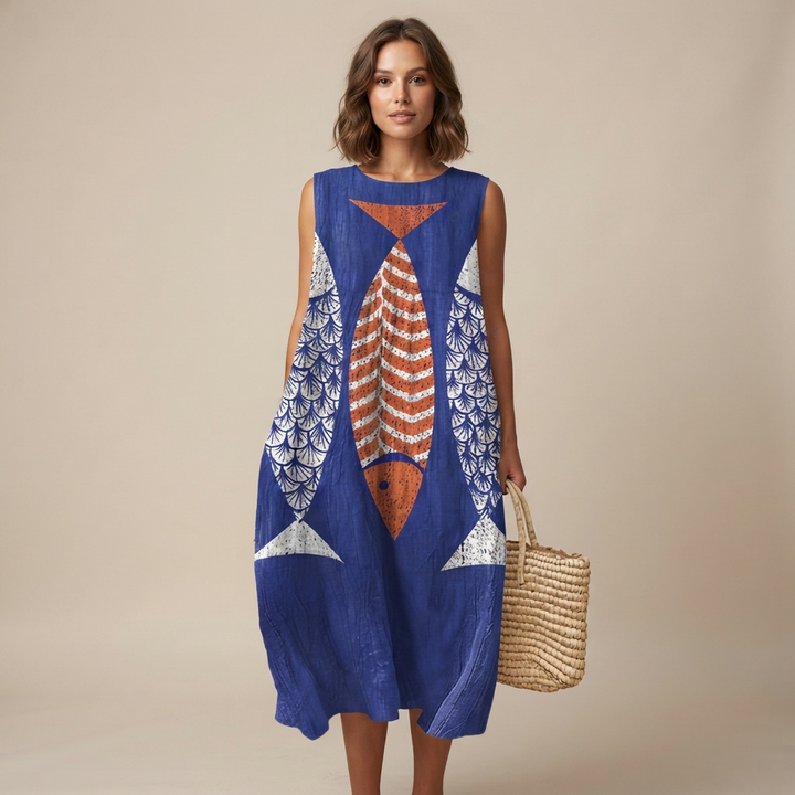 Vestido midi feminino elegante, sem mangas, ideal para dias quentes de verão na praia. Roupa de verão.