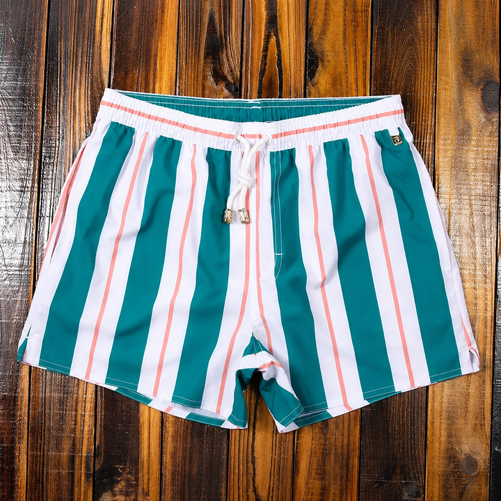 Calções masculinos listrados de secagem rápida, roupa de banho essencial para praia e verão. Conforto garantido.