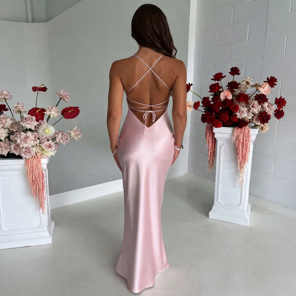 Vestido feminino maxi rosa brilhante com tecido luxuoso para festa. Design elegante, longo e ajustado para evento de verão.