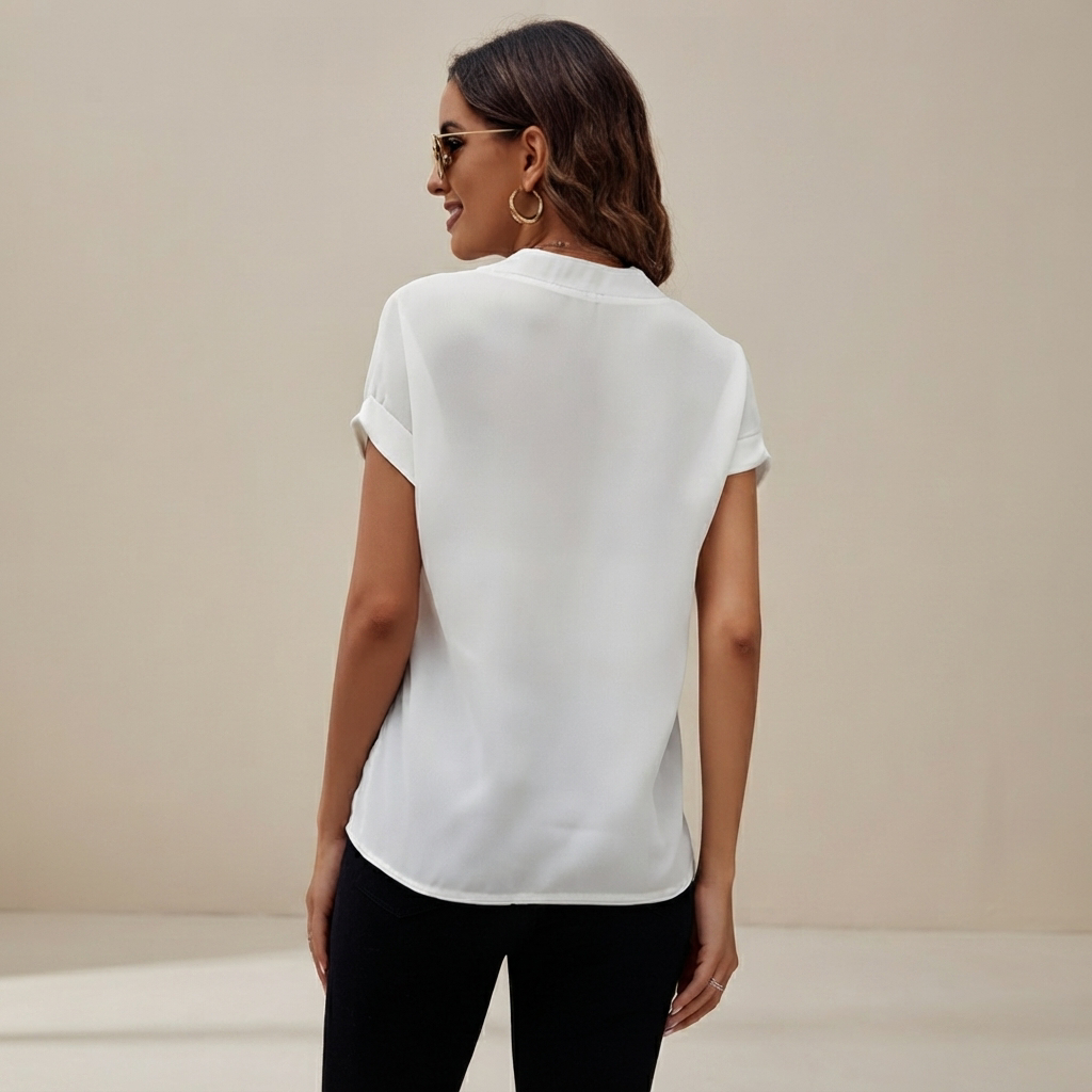 Blusa feminina branca com decote V moderno, perfeita para look de verão, moda feminina casual.