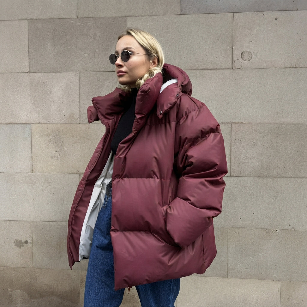 Jaqueta feminina quente com capuz, proporcionando conforto e estilo elegante para o inverno rigoroso.