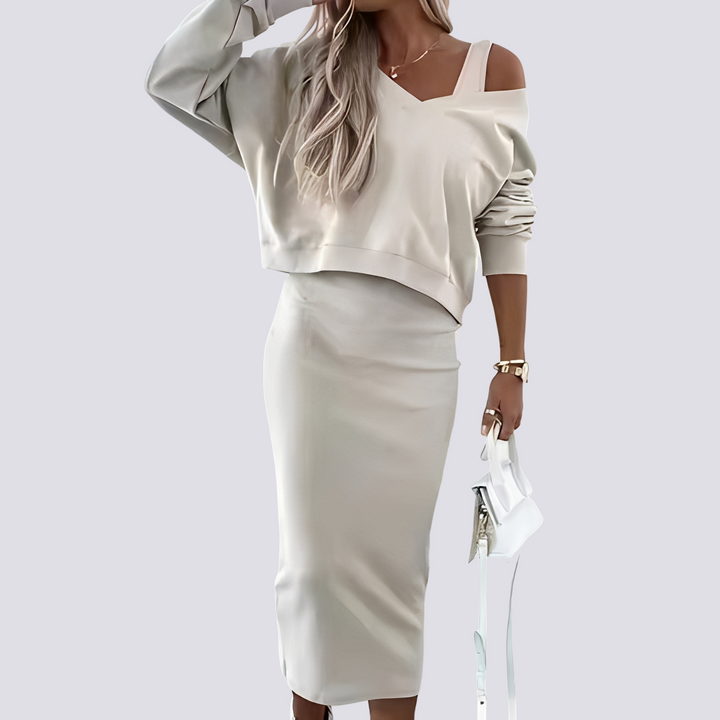 Conjunto feminino elegante de vestido duas peças. Ideal para o verão, moda casual e confortável.