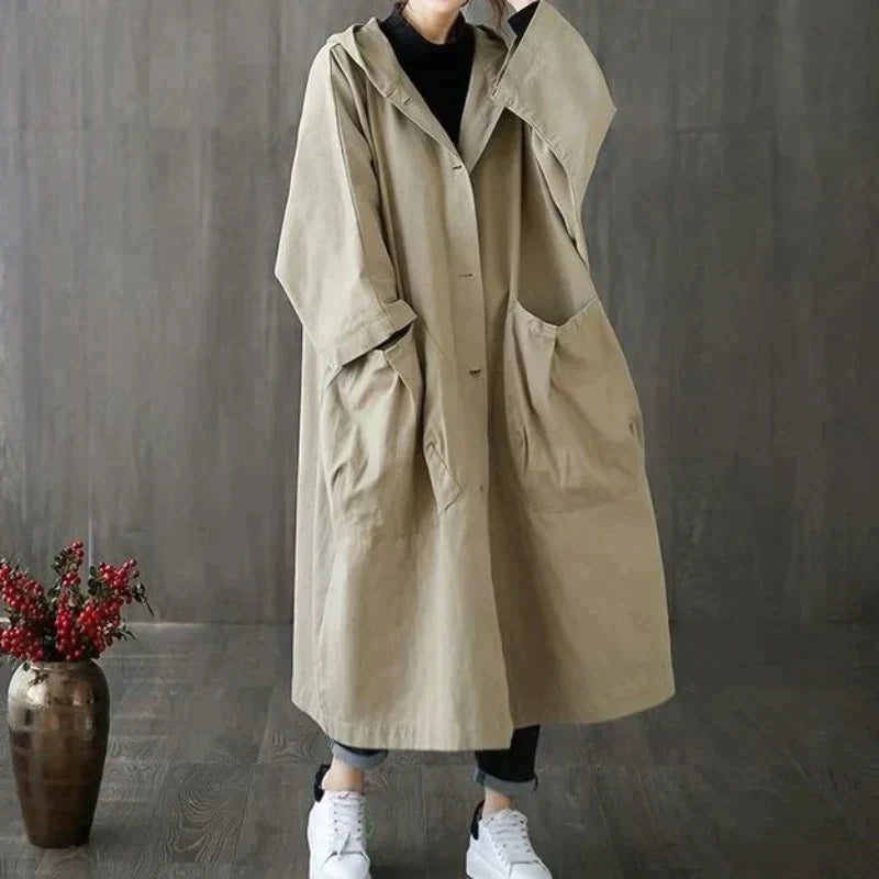 Casaco trench feminino oversize elegante para inverno, ideal para moda outwear e proteção contra o clima.