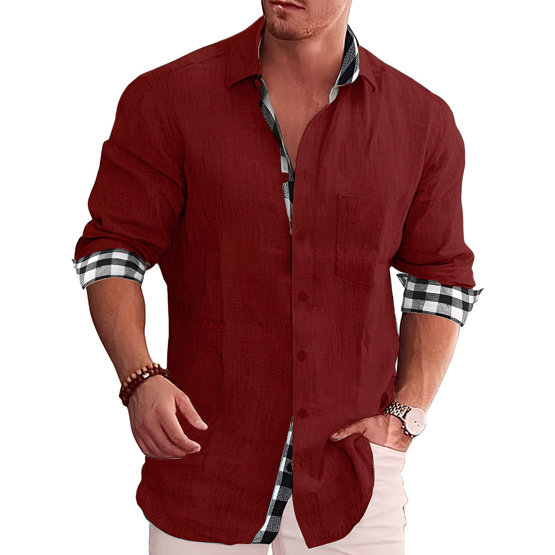 Elegante camisa masculina xadrez, manga longa, para um look social ou casual chic no outono e inverno.