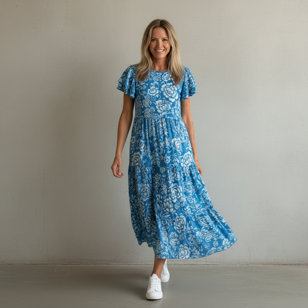 Vestido midi feminino casual com estampa floral, tecido fluido, ideal para o verão e moda feminina elegante.
