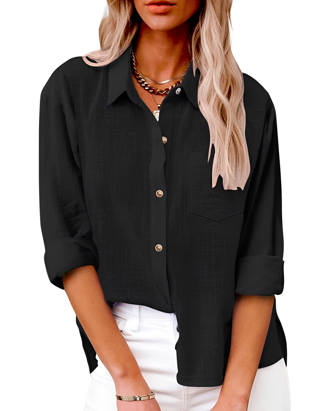 Camisa feminina de botões, versátil e moderna, adequada para looks casuais ou de trabalho elegantes.