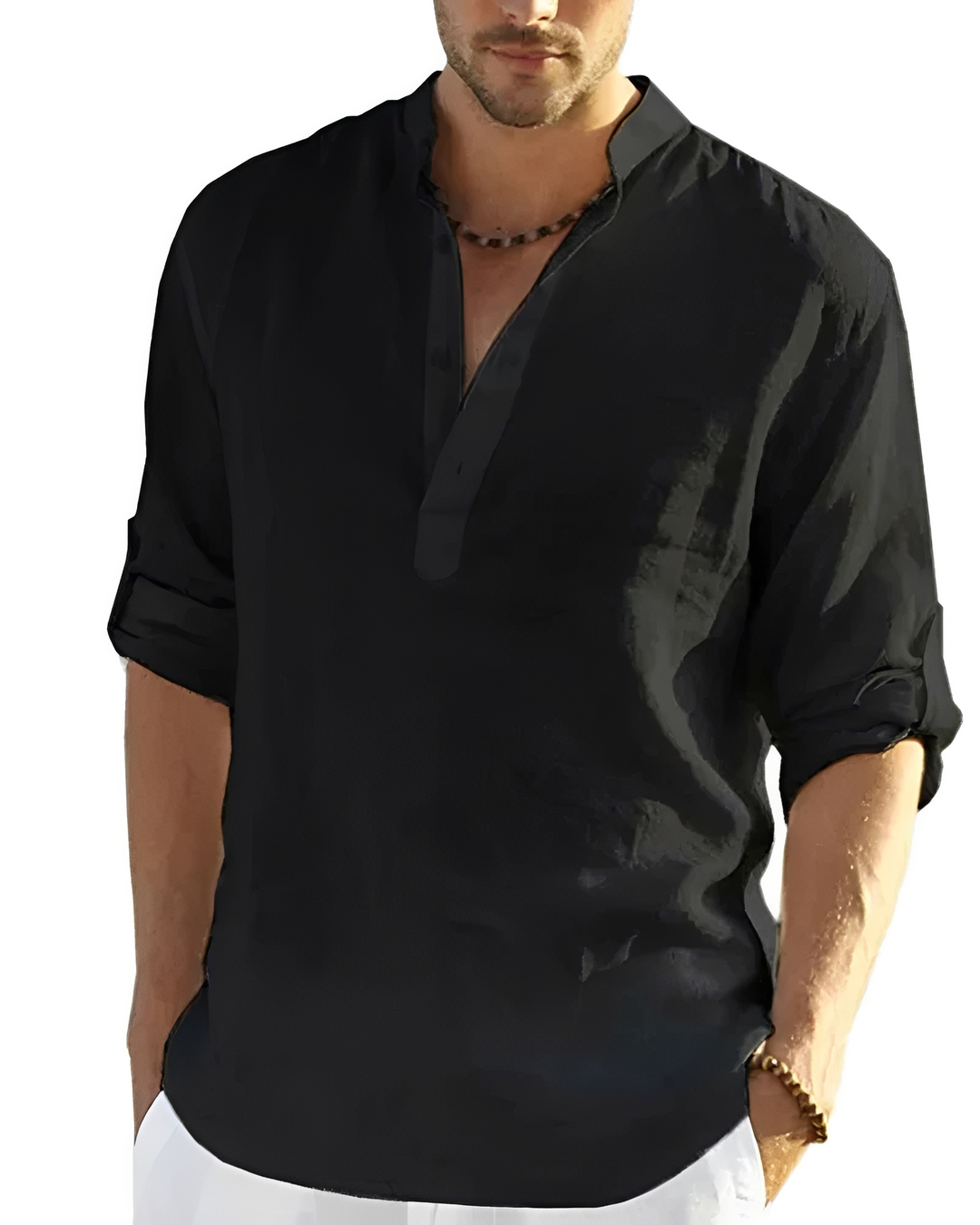 Foto de estúdio: camisa masculina de manga longa com decote V, perfeita para um look casual e confortável.
