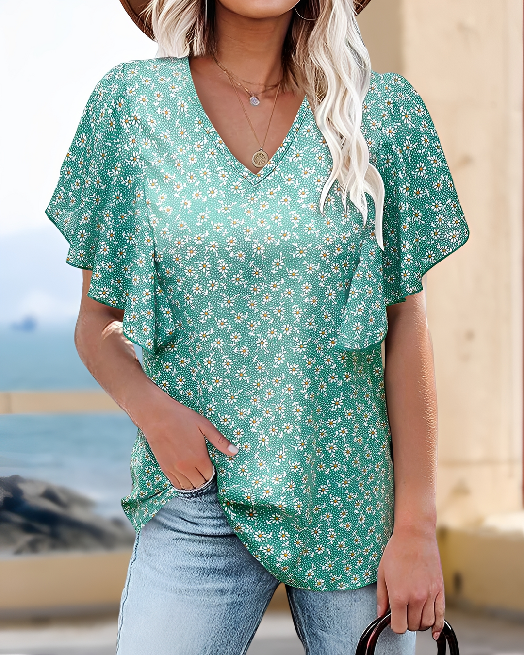 Blusa feminina floral de verão com decote V e mangas curtas. Peça casual e confortável para o dia a dia.