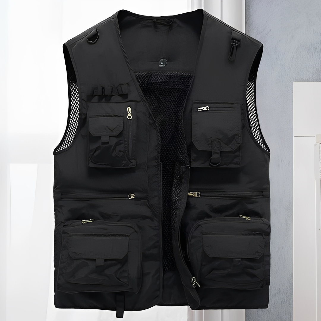 Colete masculino de verão leve, com vários bolsos, ideal para moda casual, pesca, viagem e aventuras outdoor. Conforto e utilidade.