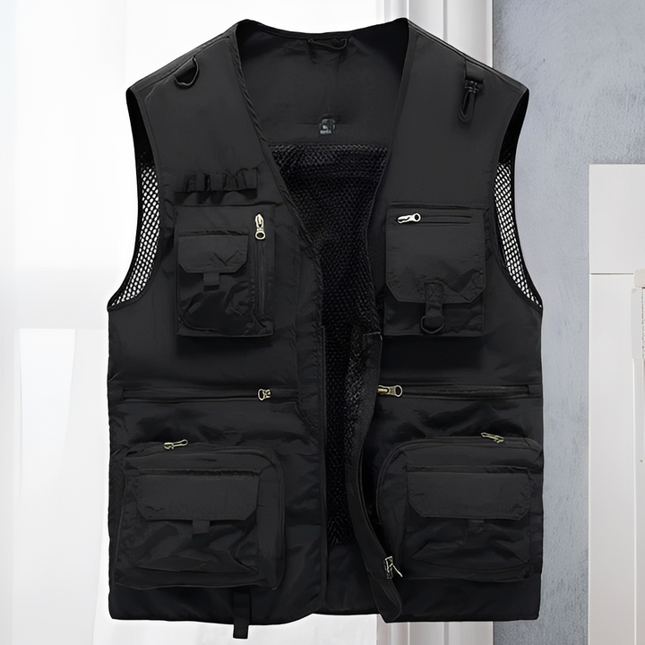 Colete masculino de verão leve, com vários bolsos, ideal para moda casual, pesca, viagem e aventuras outdoor. Conforto e utilidade.