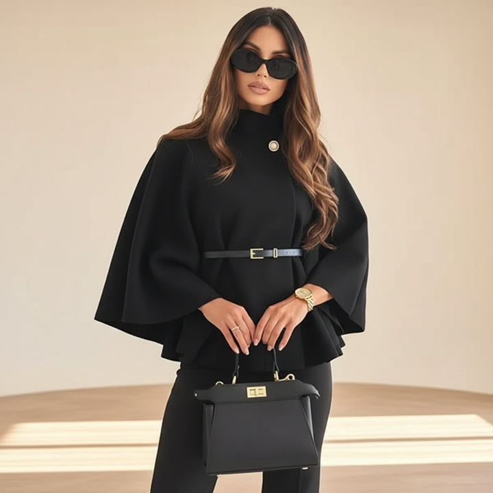 Jaqueta feminina preta elegante com cinto e mangas morcego, perfeita para um look moderno e versátil.