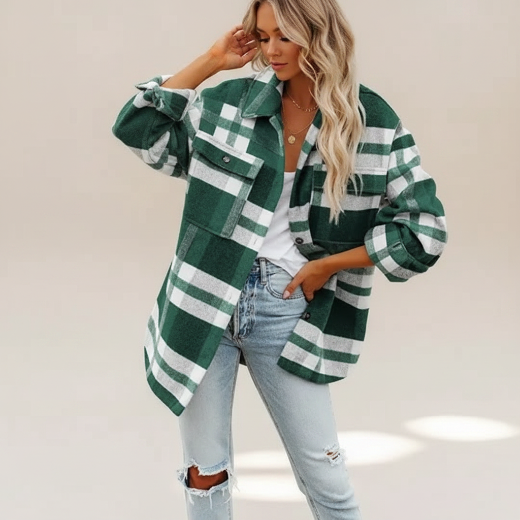 Camisa de botões xadrez feminina, confortável e descontraída, perfeita para moda verão e estilo casual.