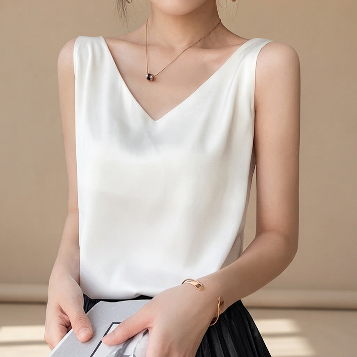 Blusa feminina sem mangas com decote em V, ideal para looks de verão e estilo casual.