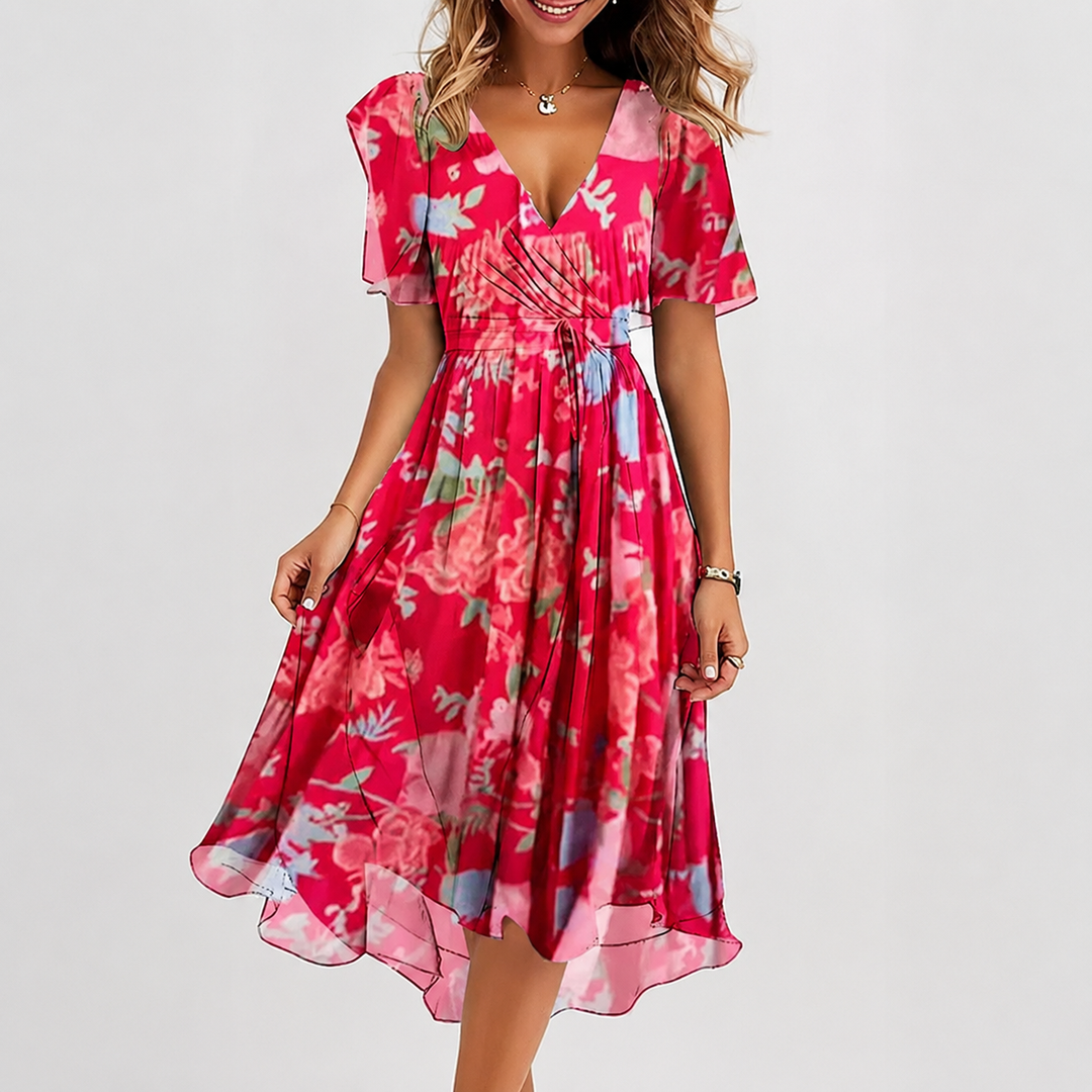 Vestido feminino fluido midi, decote V, peça elegante e confortável para a estação quente.