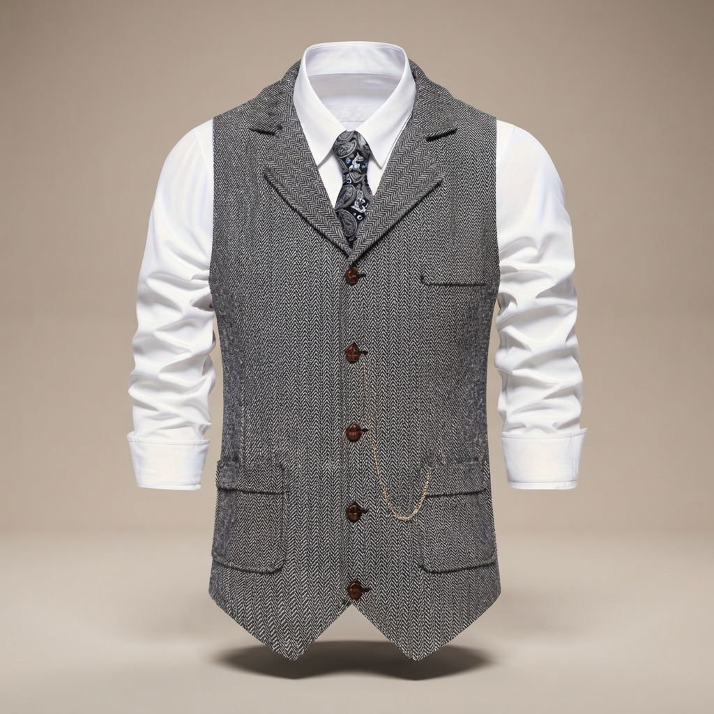 Colete masculino Clayton de espinha de peixe, toque retrô e casual. Perfeito para sobreposição elegante.