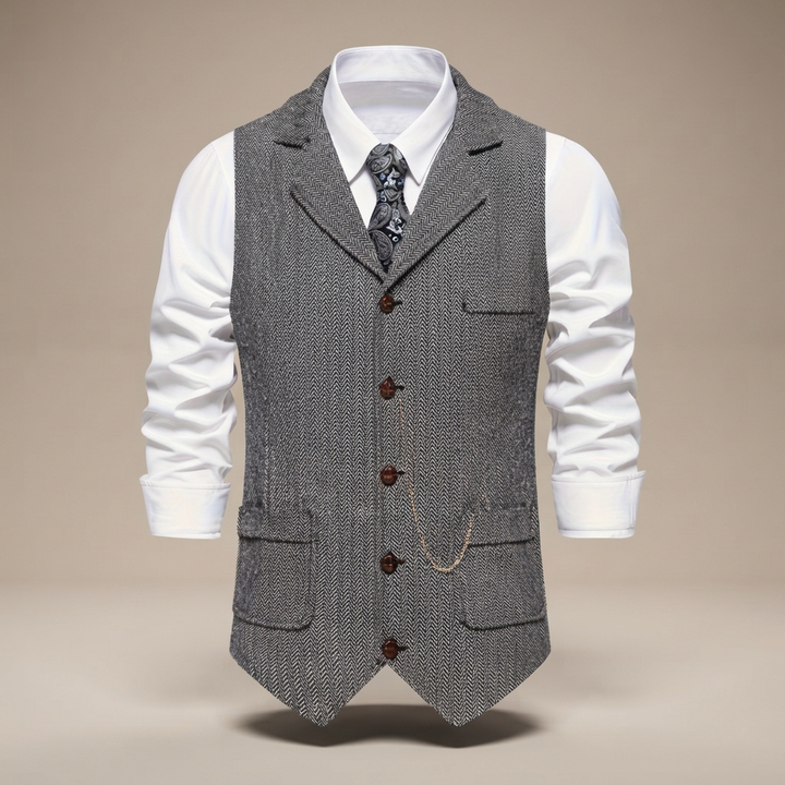 Colete masculino Clayton de espinha de peixe, toque retrô e casual. Perfeito para sobreposição elegante.
