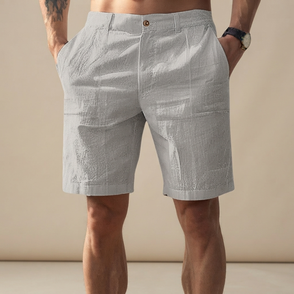 Homem usando shorts masculinos casuais retos para conforto. Bermuda versátil de moda verão para o dia a dia.