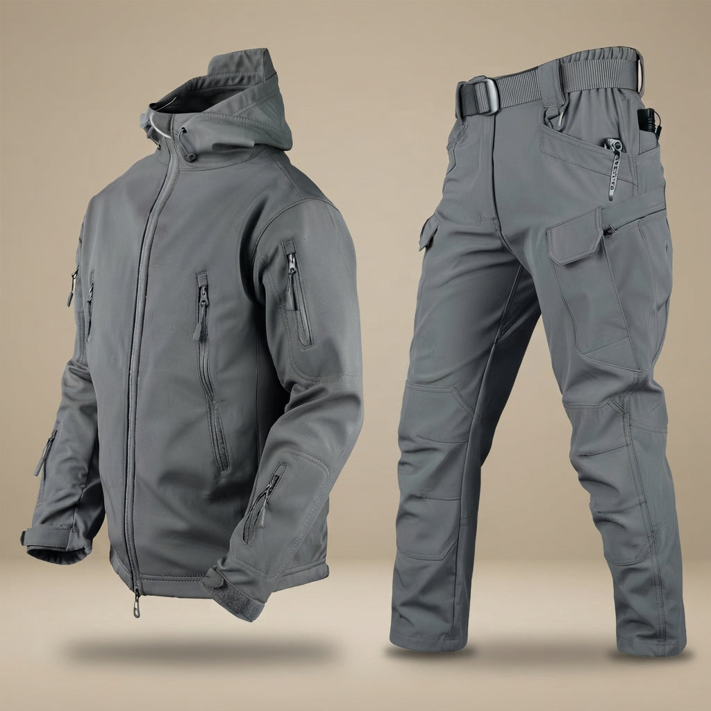 Homem em conjunto de calças outdoor confortáveis para viagem e lazer. Estilo casual de vestuário masculino para todo o ano.