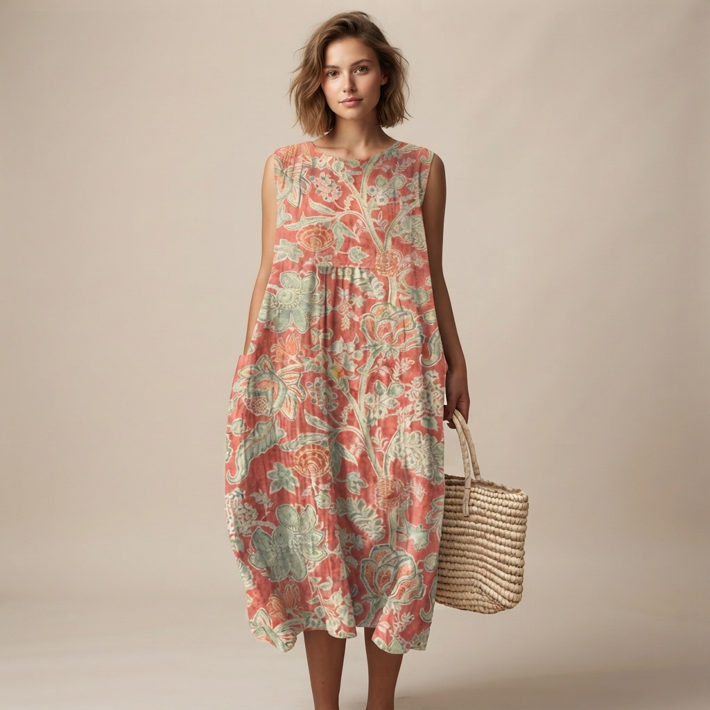 Vestido de verão feminino casual e fluido, sem mangas, para um look solto e confortável na praia.