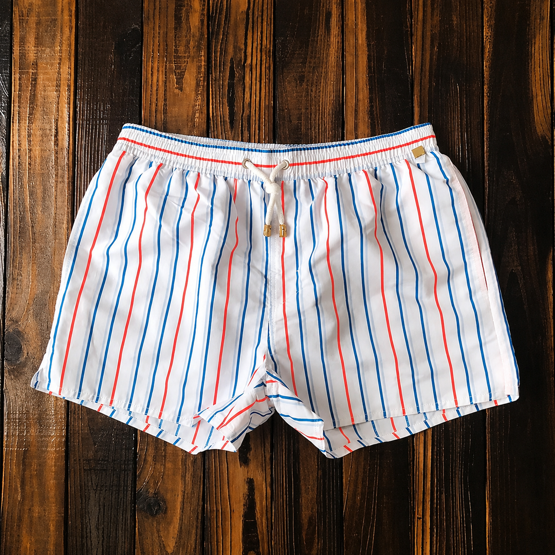 Calções desportivos masculinos para praia e piscina, com secagem rápida. Perfeitos para férias de verão.