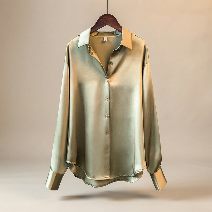 Blusa feminina brilhante de manga comprida, estilo elegante para moda casual e tops modernos da primavera.