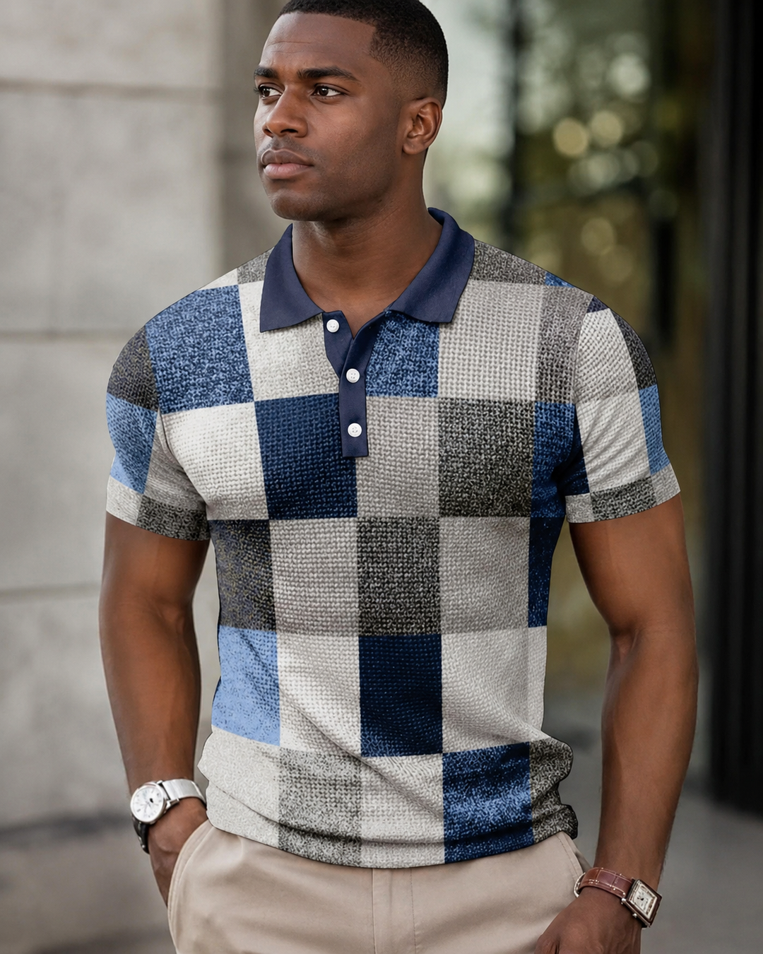 Roupa masculina: camisa polo xadrez casual manga curta. Perfeita para um look elegante e confortável no verão.
