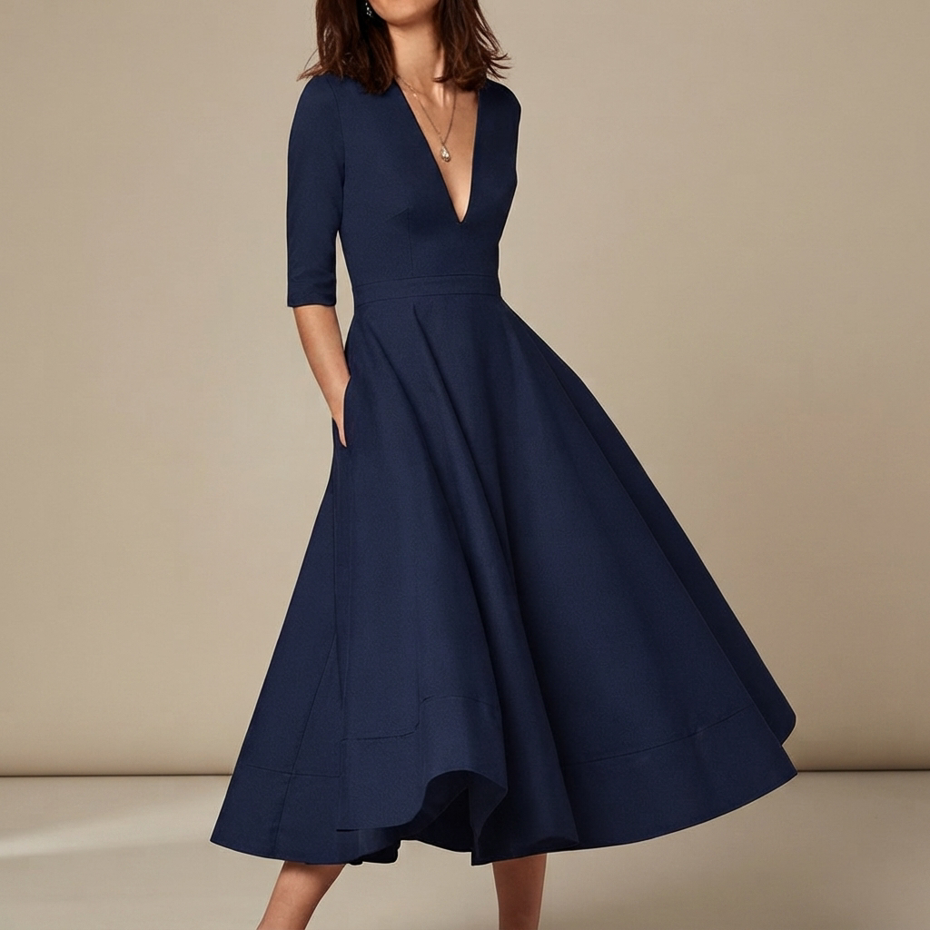 Vestido feminino midi elegante e versátil para verão, com decote V. Roupa de verão casual para moda feminina moderna.
