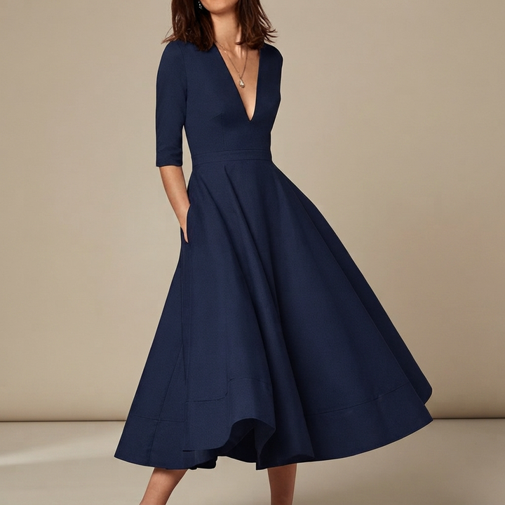 Vestido feminino midi elegante e versátil para verão, com decote V. Roupa de verão casual para moda feminina moderna.