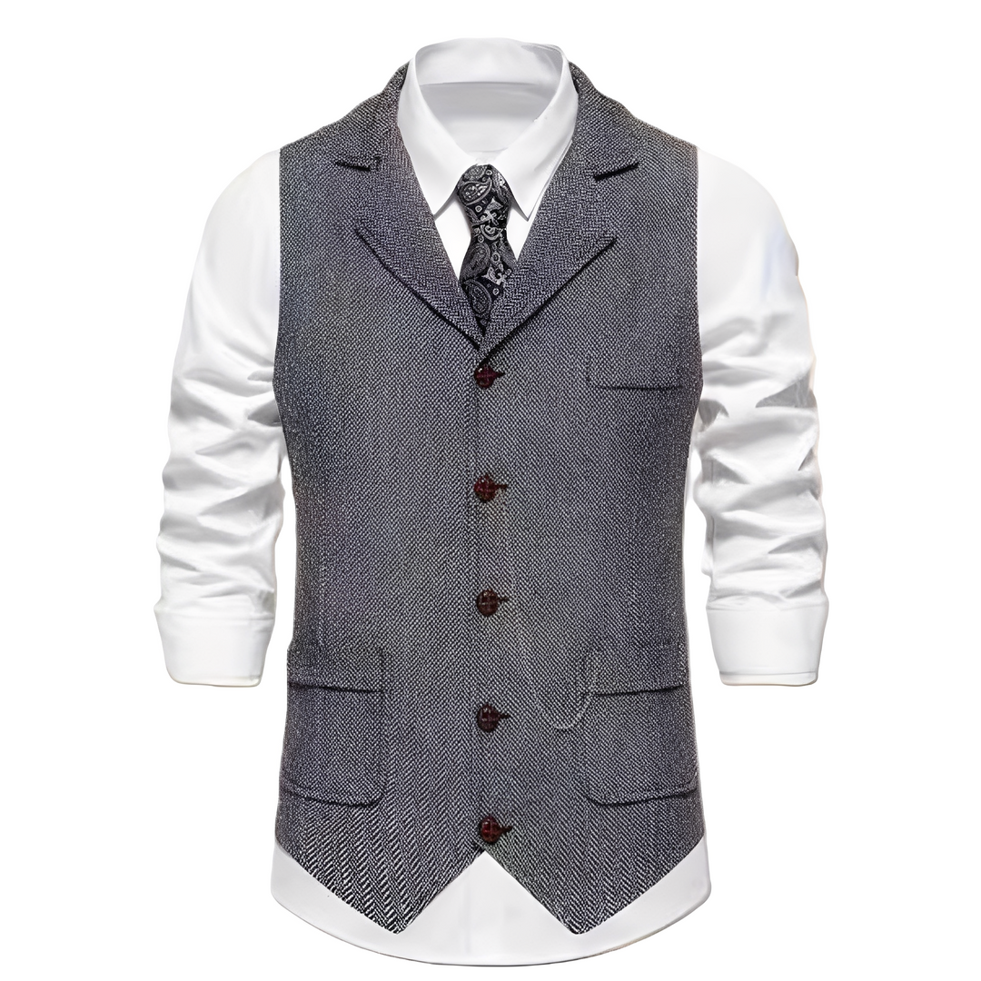 Colete masculino Luther elegante, estilo vintage, padrão espinha de peixe. Ideal para looks de outono/inverno.
