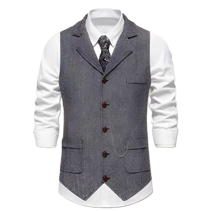 Colete masculino Luther elegante, estilo vintage, padrão espinha de peixe. Ideal para looks de outono/inverno.
