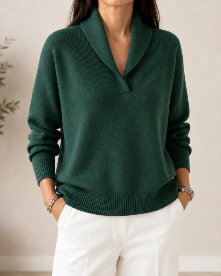 Camisola feminina elegante decote V, estilo casual chic e versátil para primavera/outono.