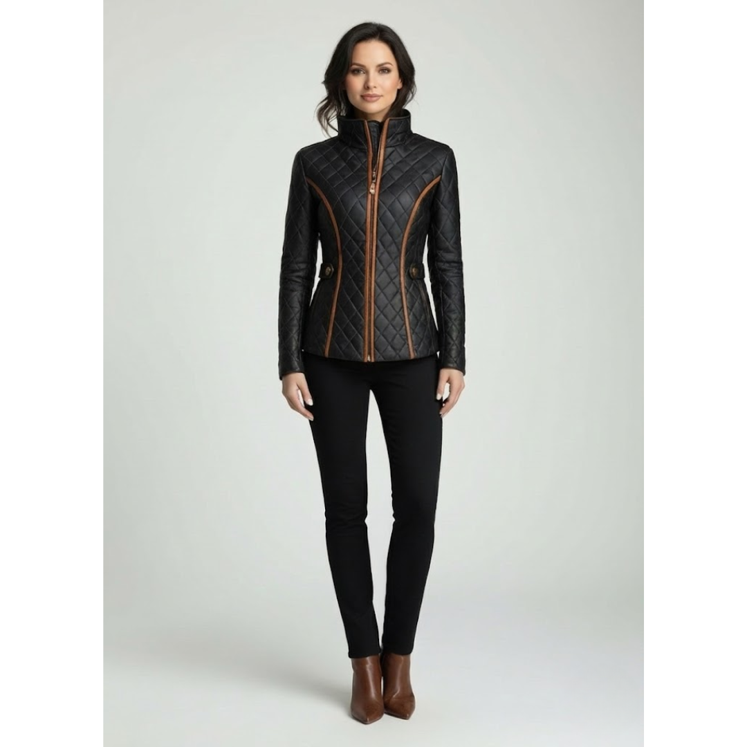 Casaco feminino acolchoado preto matelassê com zíper e gola alta, ideal para inverno, oferece conforto e estilo elegante.