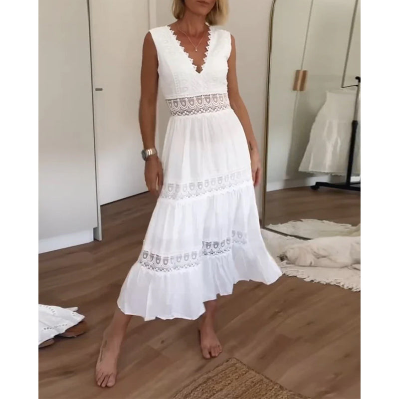 Vestido feminino de verão com decote V, elegante e casual. Conforto e estilo versátil em branco ou preto.