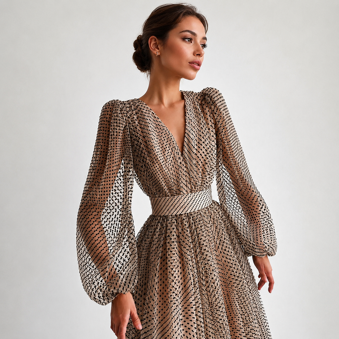 Vestido feminino midi elegante com decote V e manga longa, perfeito para primavera/verão casual e sofisticado.