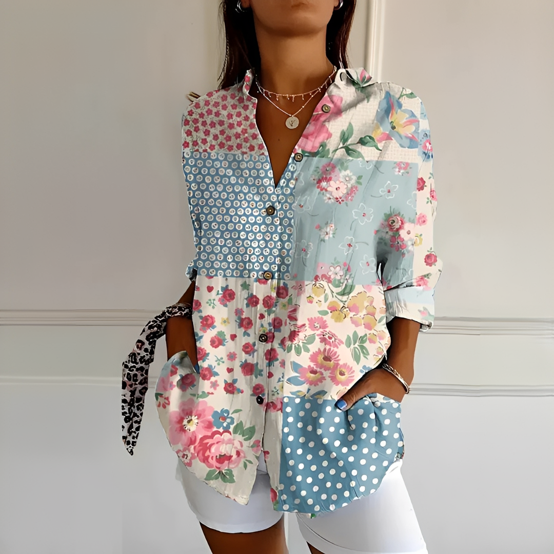 Blusa Eleanor floral elegante, ótima para eventos de primavera ou casual, combina com diversos estilos.