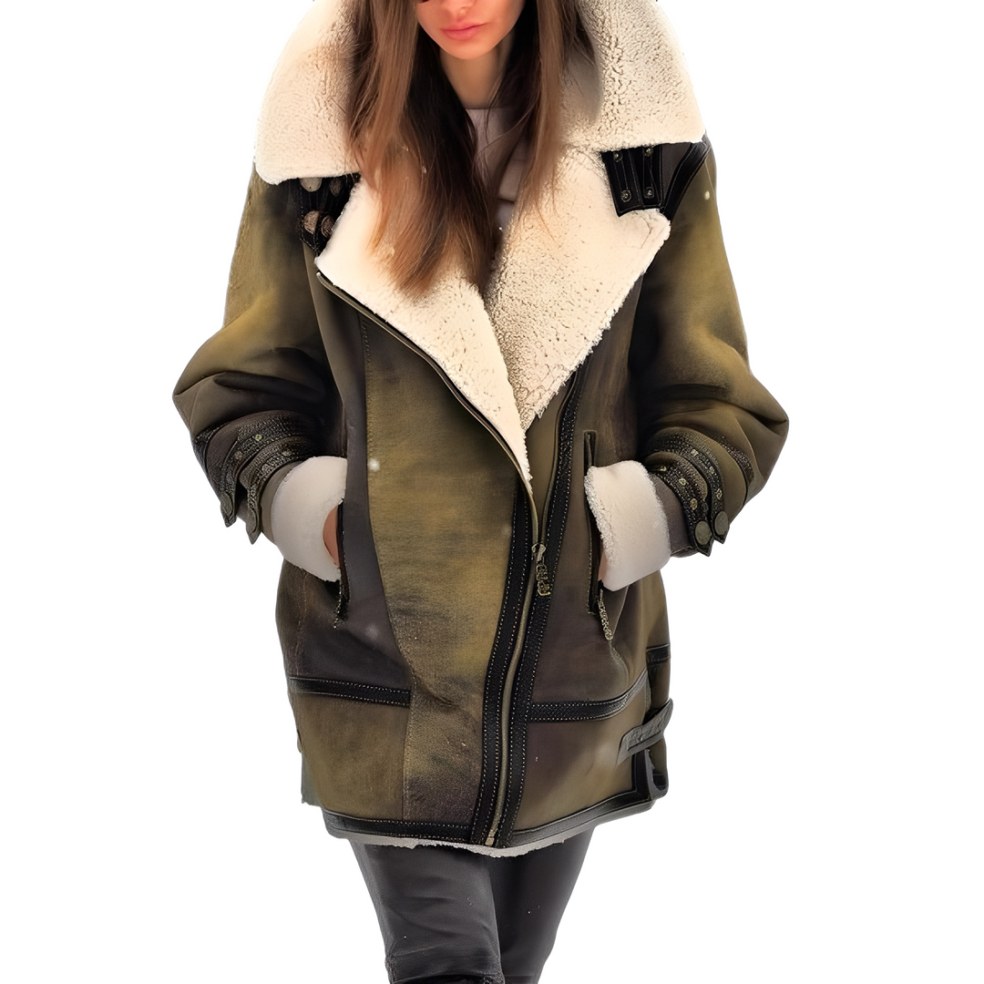 Jaqueta feminina Leilani verde militar, estilo aviador, ideal para inverno e dia a dia. Aconchego e estilo casual.