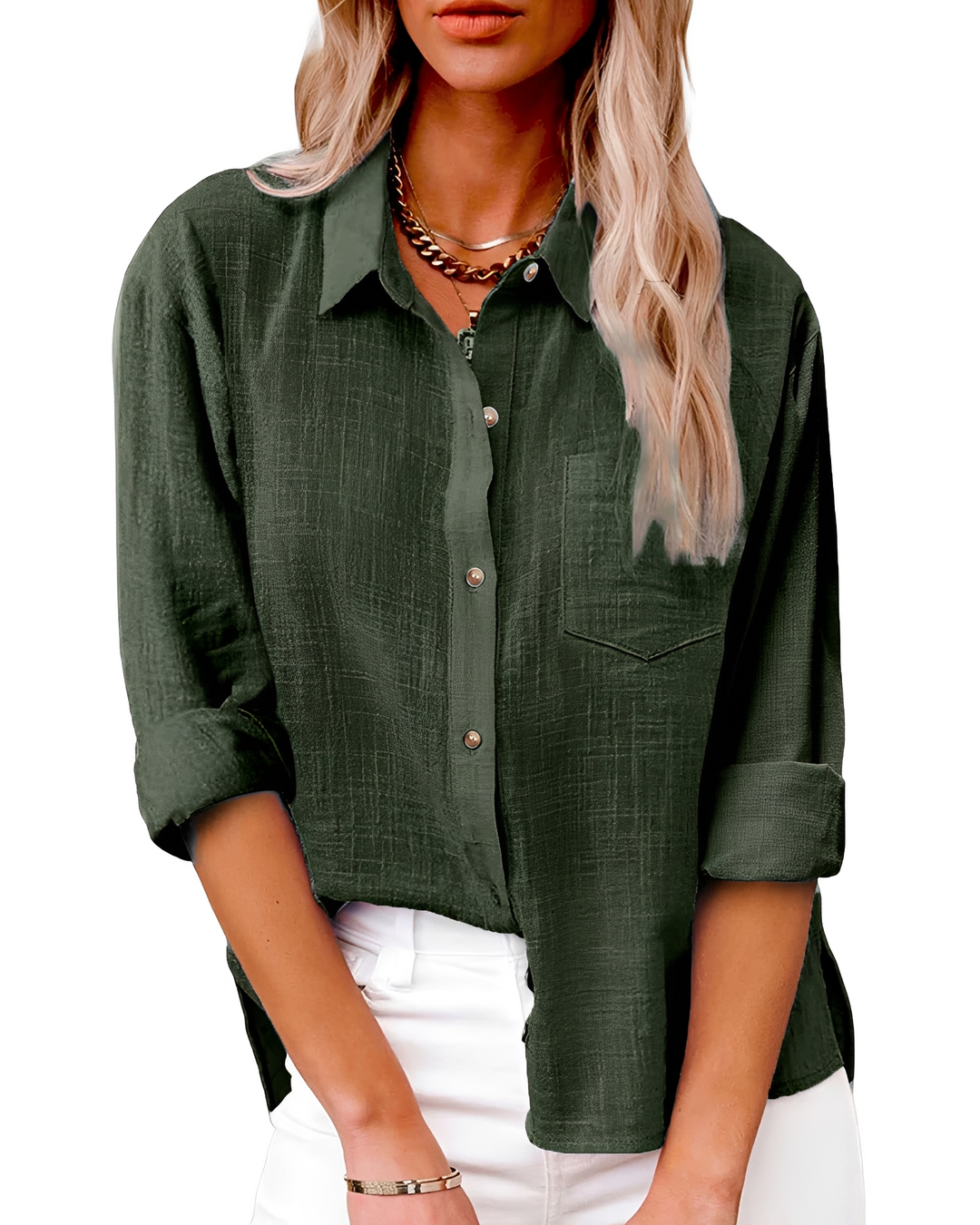 Blusa feminina confortável e elegante com botões, perfeita para verão casual ou look de trabalho.