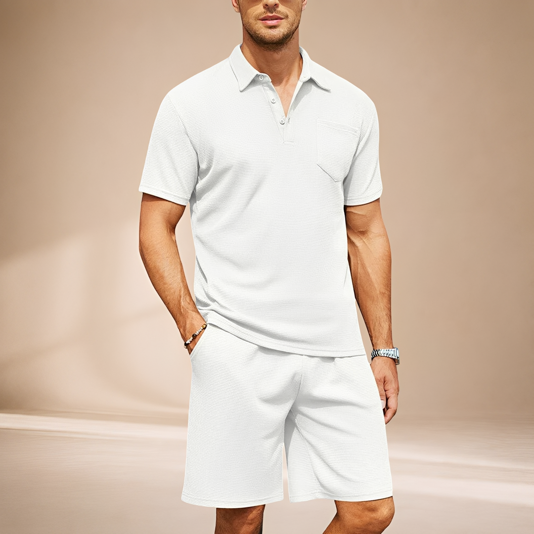 Estiloso conjunto masculino casual, polo waffle, ideal para a moda verão e conforto sem esforço para homens.