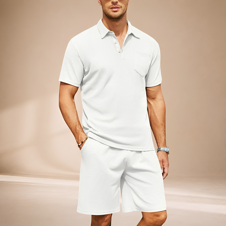 Estiloso conjunto masculino casual, polo waffle, ideal para a moda verão e conforto sem esforço para homens.