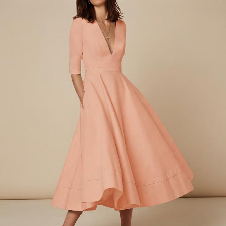 Vestido feminino colorido midi com decote V, estilo elegante e casual para o verão. Roupa feminina confortável e moderna.