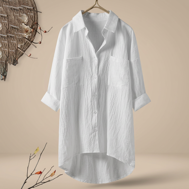 Blusa feminina solta com botões, manga longa, elegante e confortável para o verão.