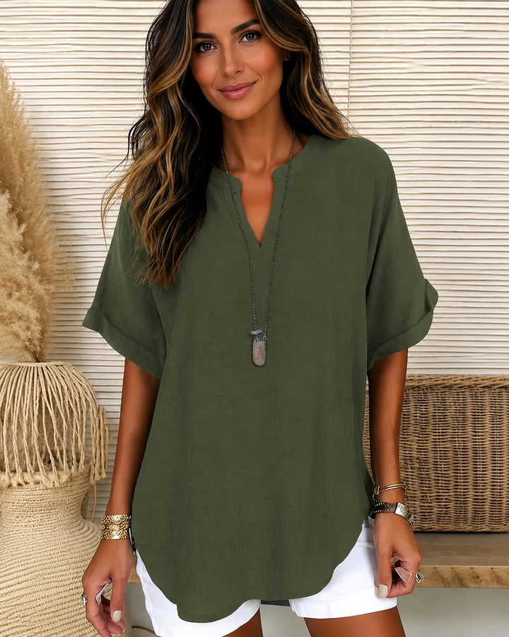 Blusa feminina solta casual decote V. Roupa de verão confortável, tops femininos elegantes.