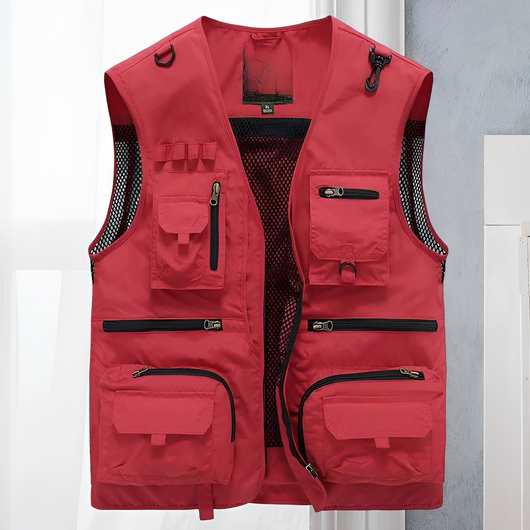 Colete masculino de verão casual, com bolsos funcionais, perfeito para outdoor, pesca e viagem, oferecendo conforto e organização.
