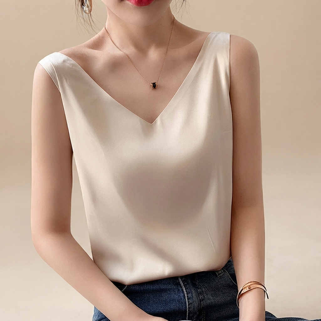 Top feminino versátil com decote V, elegante e confortável para a moda de verão.