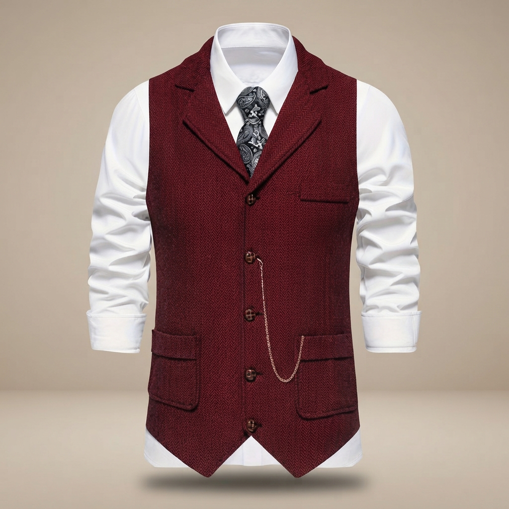 Colete masculino Clayton, estilo casual retrô. Padrão espinha de peixe, peça elegante para vestuário.