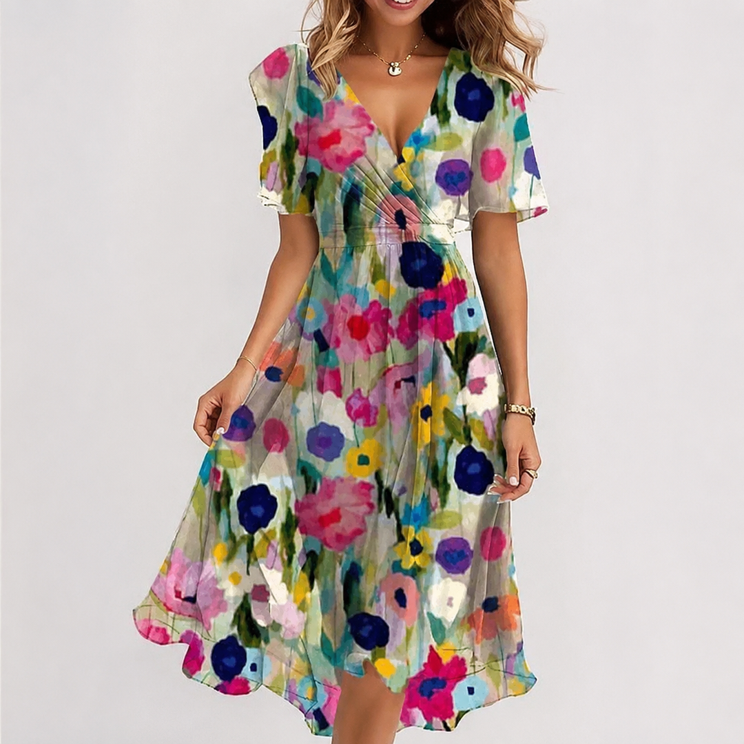 Vestido midi feminino com decote V, design fluido, essencial para um look elegante no verão.